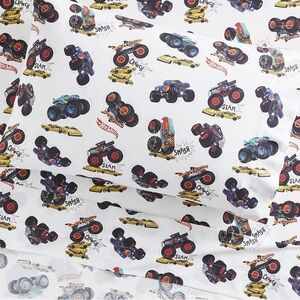 Pottery Barn Kids Hot Wheels Monster Trucks Queen Sheet Set with 2 Pillow Cases